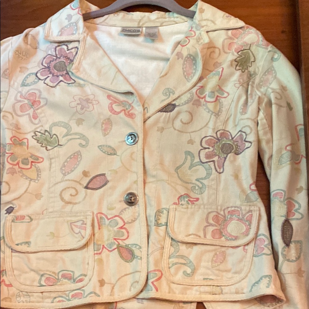 Chico's Boho  Cream and Pink Floral Blazer Small